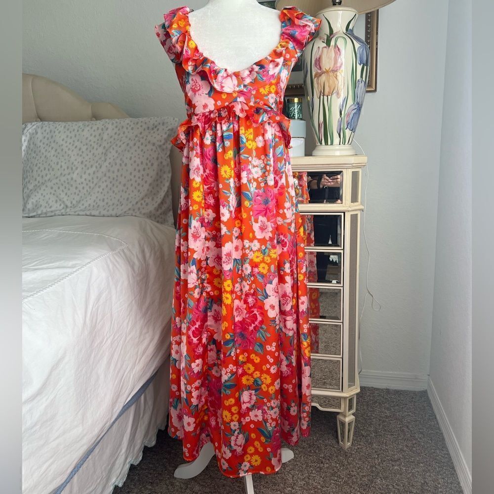 Sugarlips Waverly Floral Lizbeth Ruffle Back Tie Midi Dress